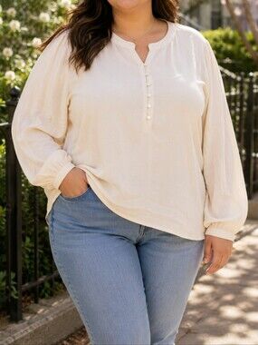 NWT Wasabi Concept Plus Size Ivory Peasant Blouse Button Front Top US L EU 20-22